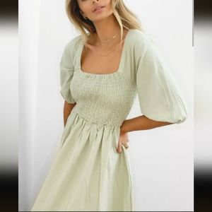 Nasty Gal Shirred Puff Sleeve Maxi Slit Dress in Sage Green size 8